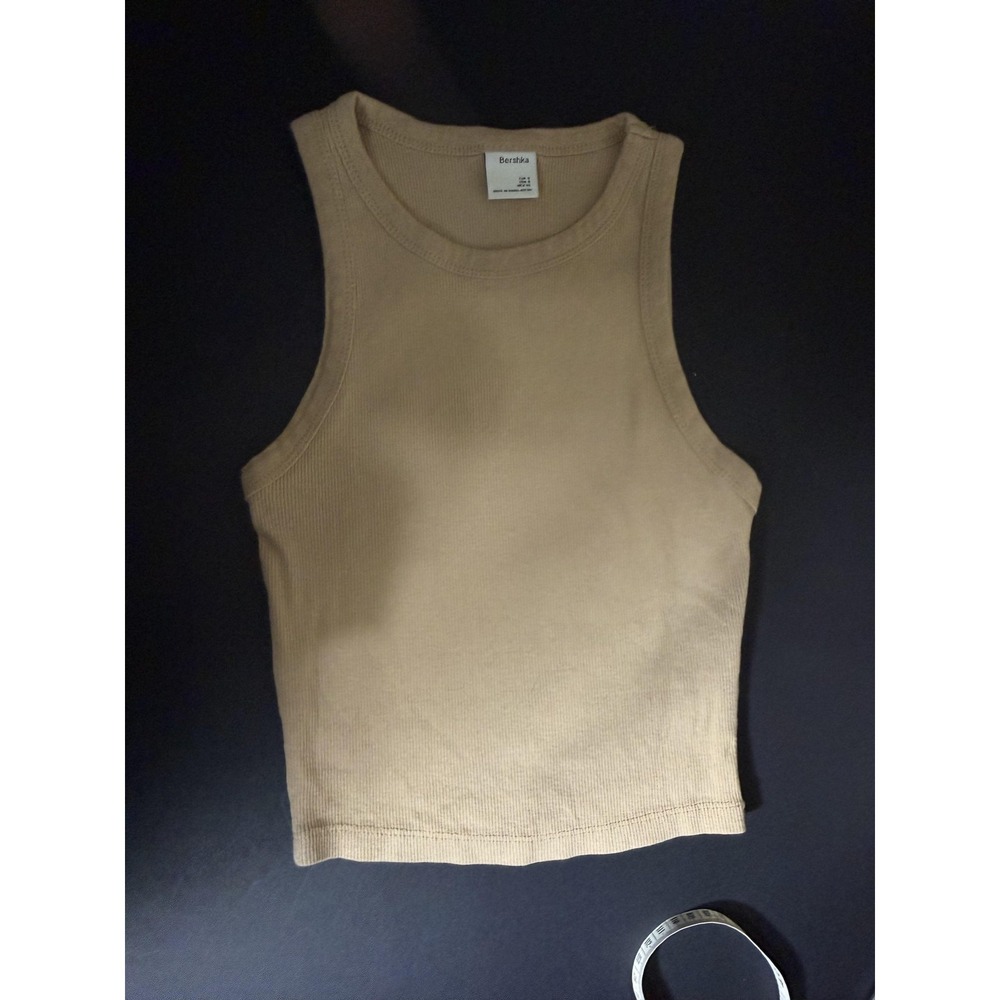 Bershka Tank Womens S Beige Cropped Ribbed Stretch Slim Fit Casual Summer